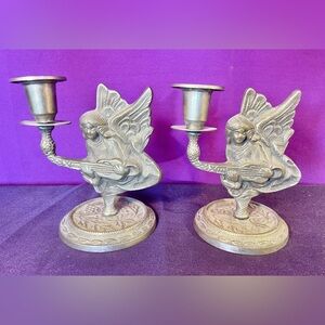 2 Vintage Brass Angels With Guitars Candle Holders